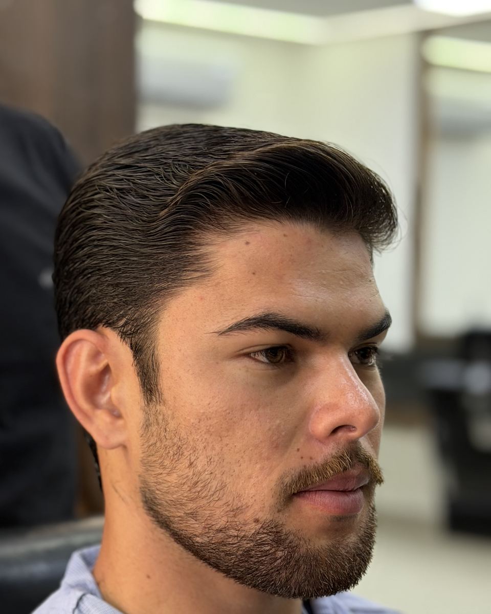 Cliente de perfil com corte baixo nas laterais e barba aparada, no salão da Seu Dino
